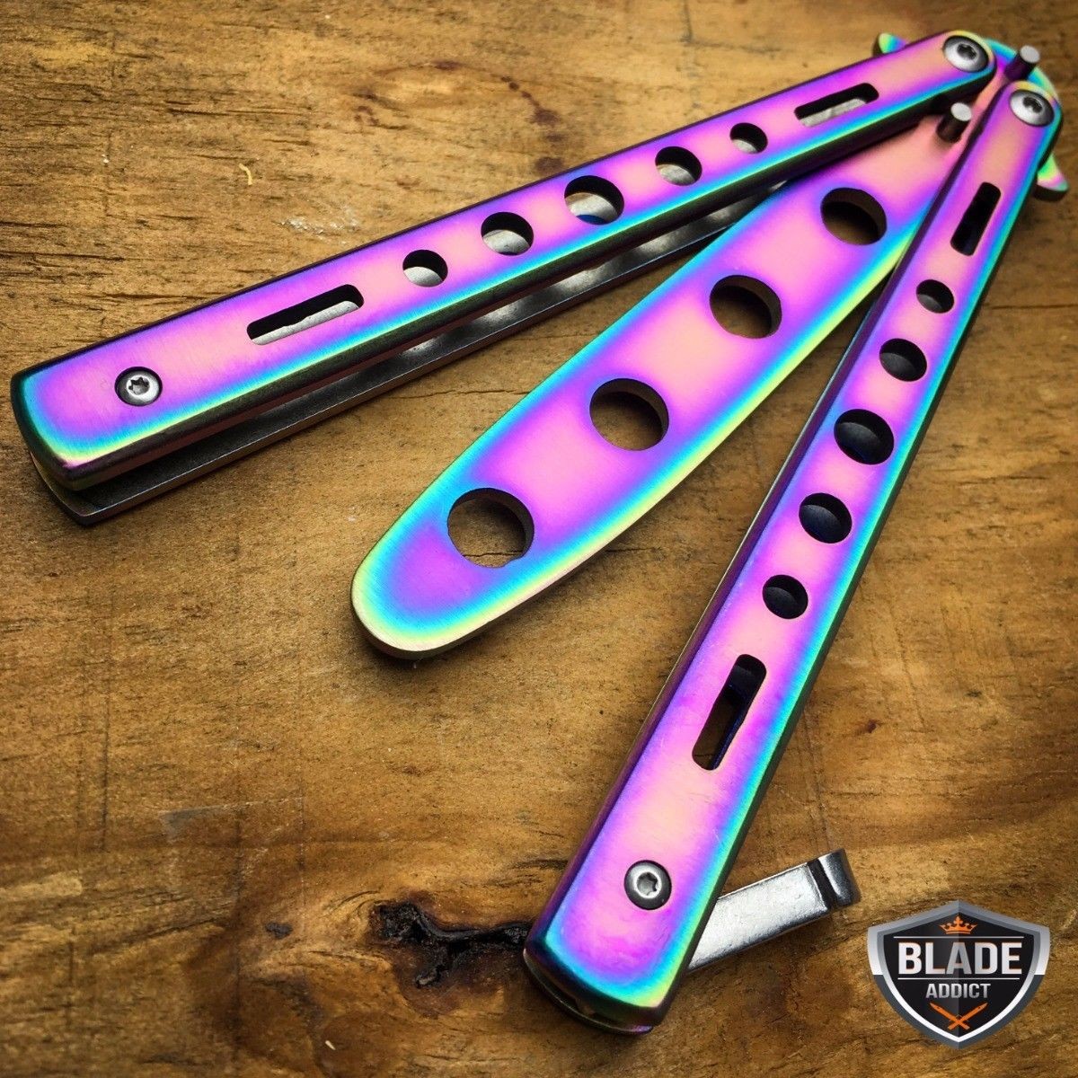 High Quality Practice Balisong Metal Butterfly Rainbow Trainer Knife Blade Policemart